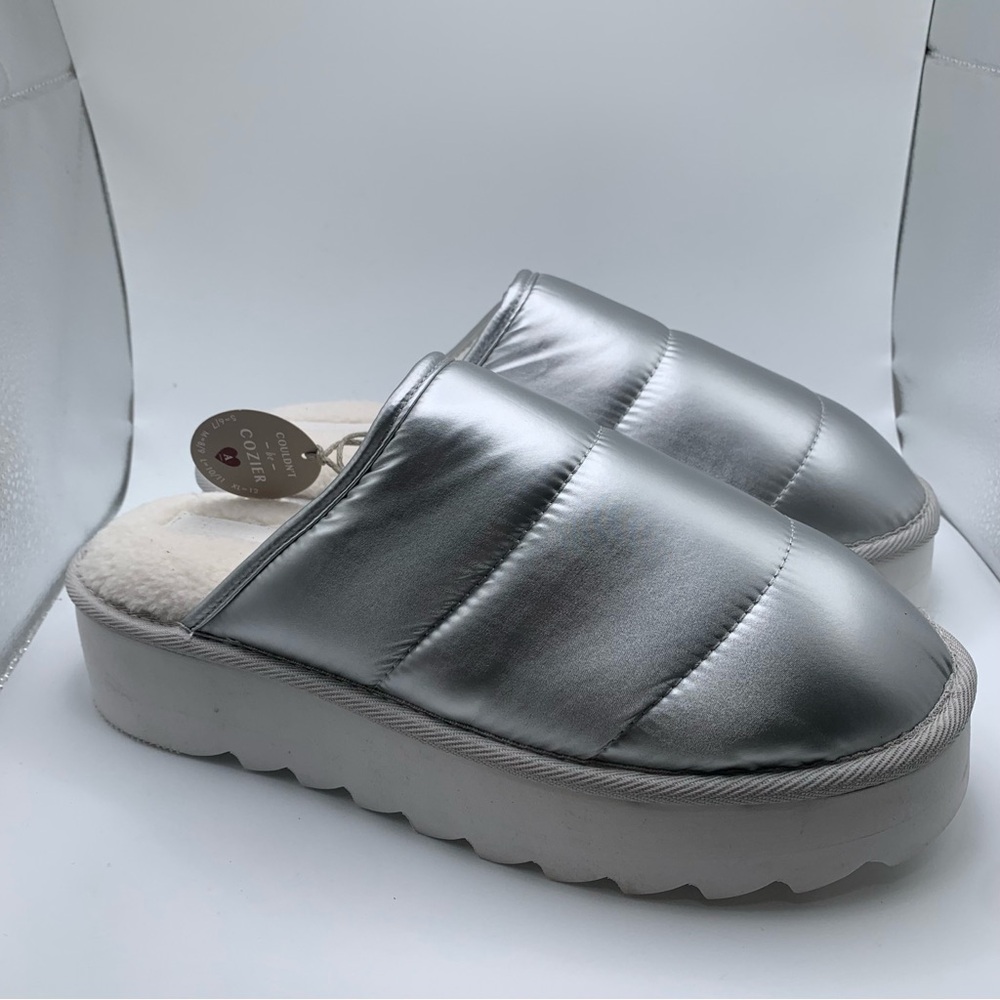 NIB Anthropologie Maeve Puffy Platform Slippers  L 10-11 metallic silver slip on